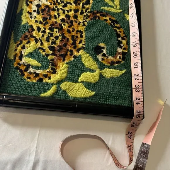 Vintage Leopard Needlepoint Black Bamboo Type Frame Green Hollywood Regency Art - Picture 12 of 16